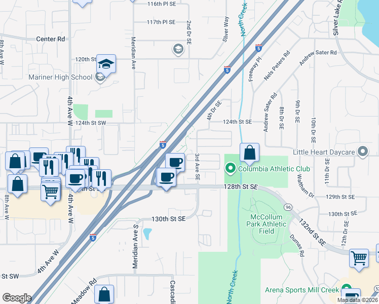 map of restaurants, bars, coffee shops, grocery stores, and more near 215 126th Street Southeast in Everett