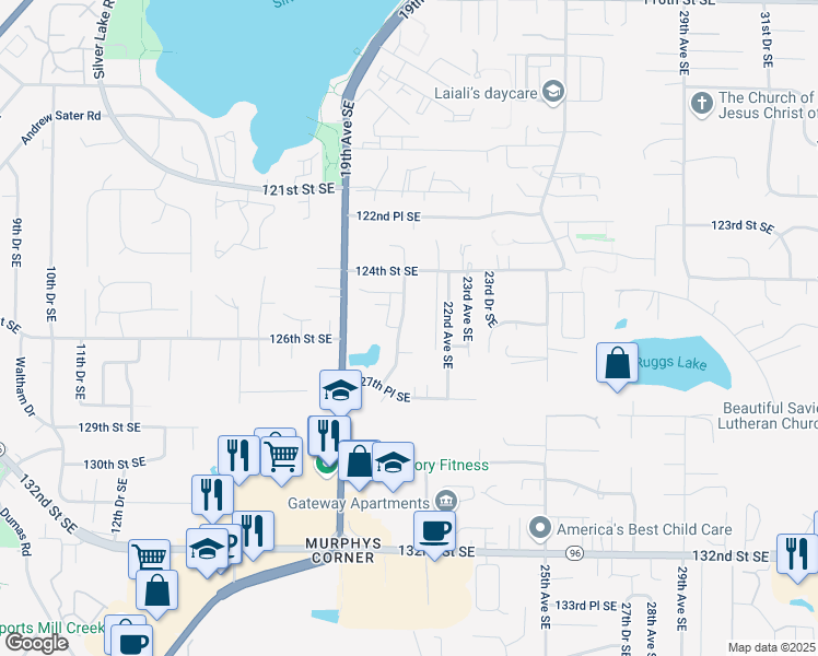 map of restaurants, bars, coffee shops, grocery stores, and more near 2122 124th Street Southeast in Everett