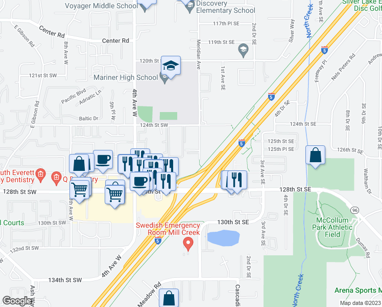 map of restaurants, bars, coffee shops, grocery stores, and more near 12504 Meridian Avenue in Everett