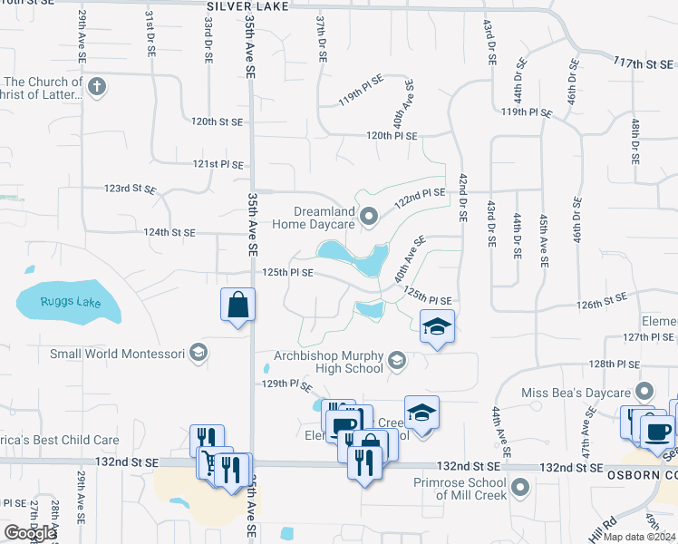 map of restaurants, bars, coffee shops, grocery stores, and more near 3731 125th Place Southeast in Everett