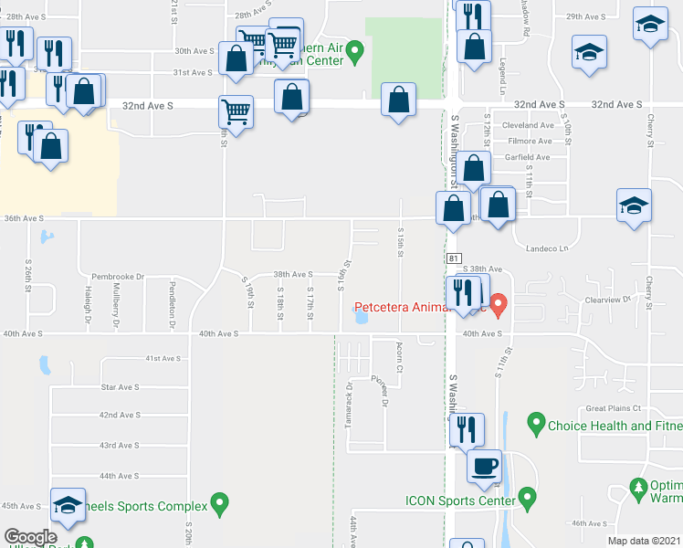 map of restaurants, bars, coffee shops, grocery stores, and more near South 16th Street in Grand Forks