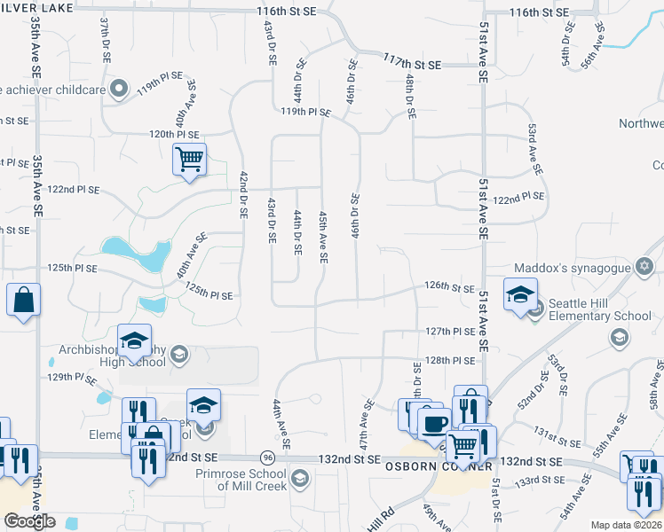 map of restaurants, bars, coffee shops, grocery stores, and more near 12420 46th Drive Southeast in Everett