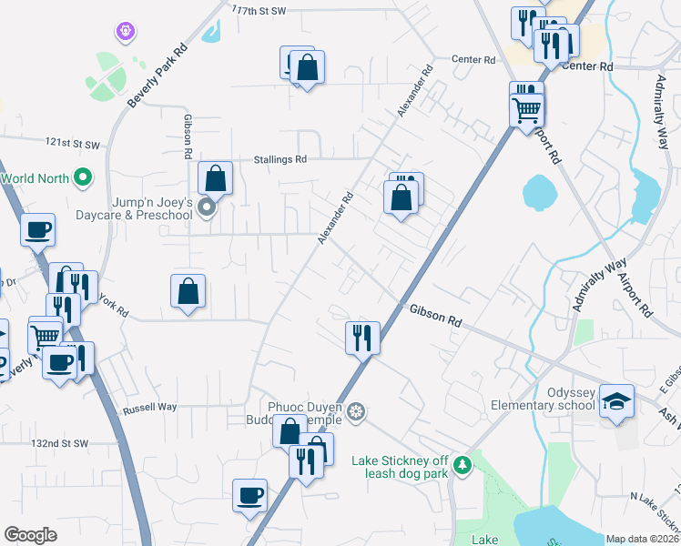 map of restaurants, bars, coffee shops, grocery stores, and more near 2402 Gibson Road in Everett