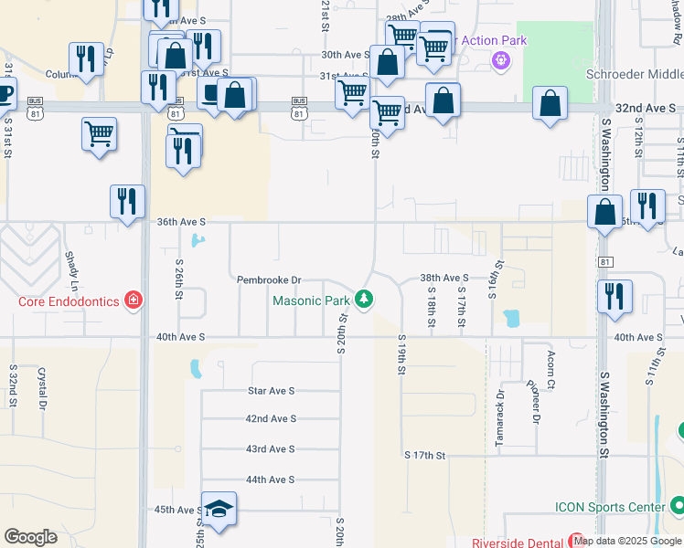map of restaurants, bars, coffee shops, grocery stores, and more near 2022 Pembrooke Drive in Grand Forks