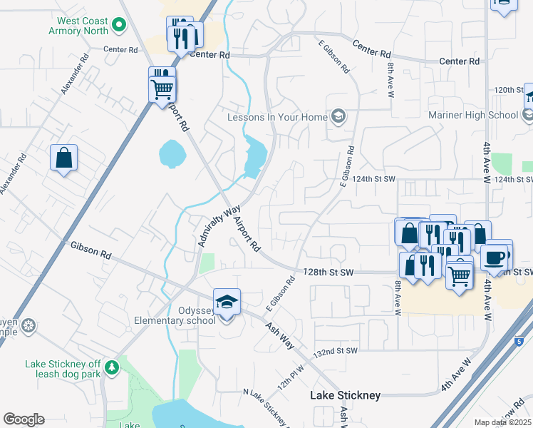 map of restaurants, bars, coffee shops, grocery stores, and more near 12433 Admiralty Way in Everett