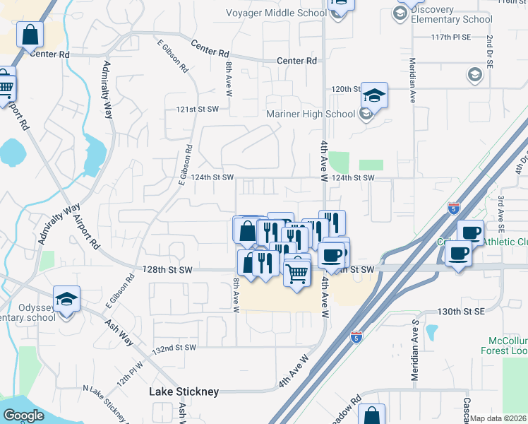 map of restaurants, bars, coffee shops, grocery stores, and more near 12601 8th Avenue West in Everett