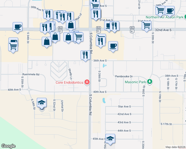 map of restaurants, bars, coffee shops, grocery stores, and more near 3751 South Columbia Road in Grand Forks