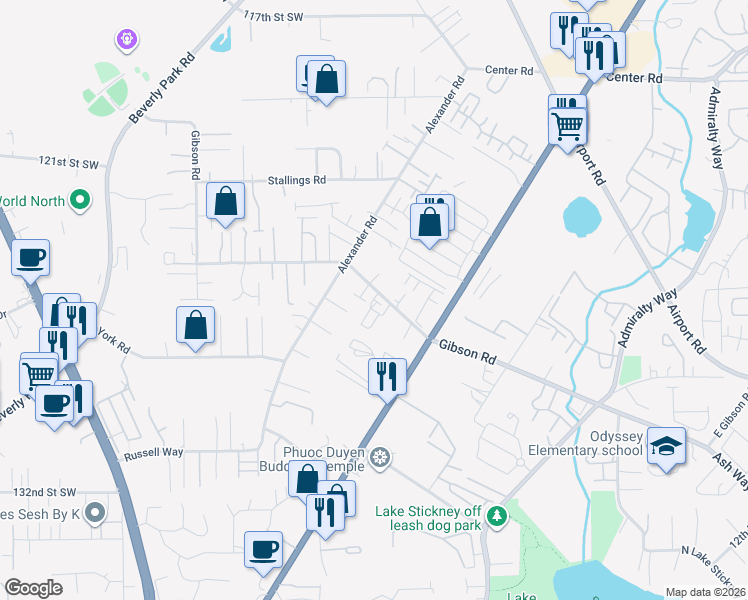 map of restaurants, bars, coffee shops, grocery stores, and more near 2402 Gibson Road in Everett