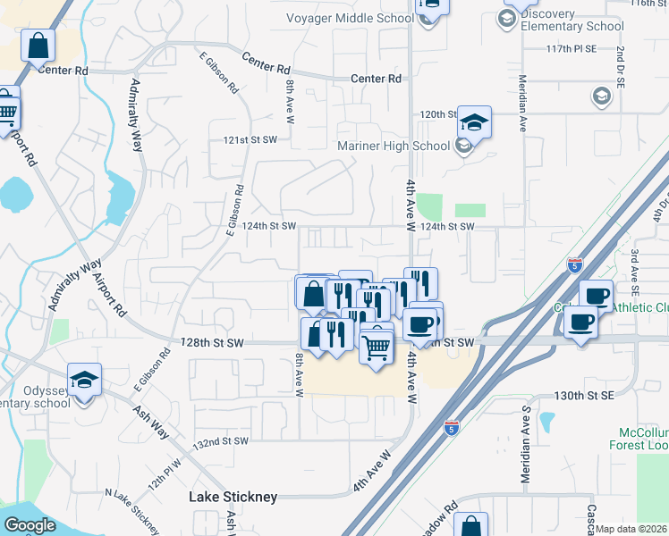 map of restaurants, bars, coffee shops, grocery stores, and more near 12601 8th Avenue West in Everett