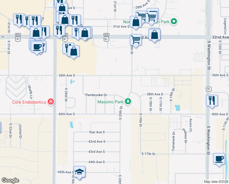 map of restaurants, bars, coffee shops, grocery stores, and more near 2112 Pembrooke Drive in Grand Forks
