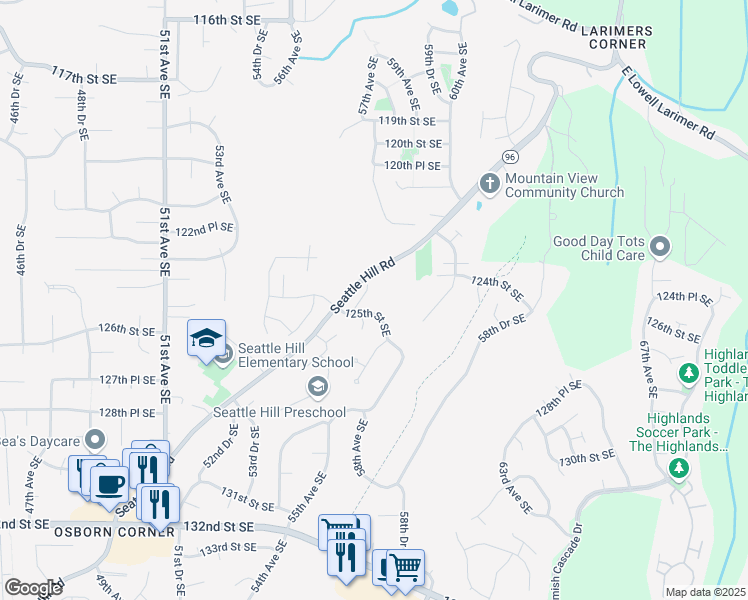 map of restaurants, bars, coffee shops, grocery stores, and more near 12416 57th Avenue Southeast in Snohomish