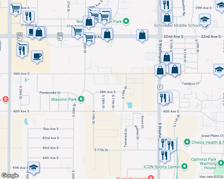map of restaurants, bars, coffee shops, grocery stores, and more near 1660 38th Avenue South in Grand Forks