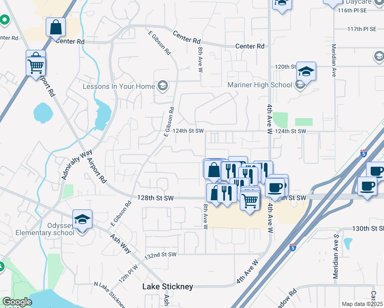 map of restaurants, bars, coffee shops, grocery stores, and more near 11522 8th Avenue West in Everett