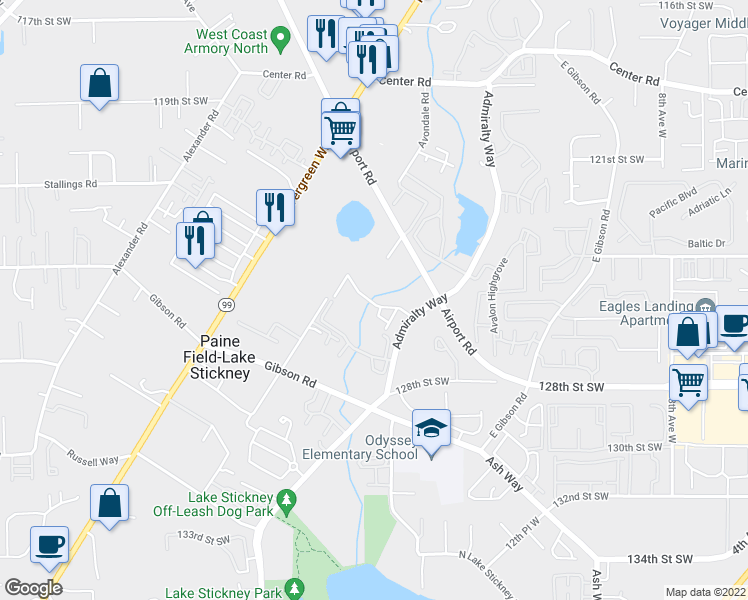 map of restaurants, bars, coffee shops, grocery stores, and more near 12530 Admiralty Way in Everett