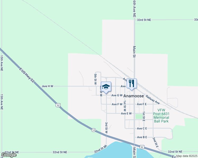 map of restaurants, bars, coffee shops, grocery stores, and more near 807 4th Street West in Anamoose