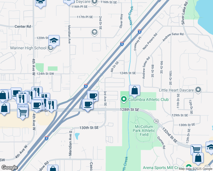 map of restaurants, bars, coffee shops, grocery stores, and more near 316 125th Street Southeast in Everett