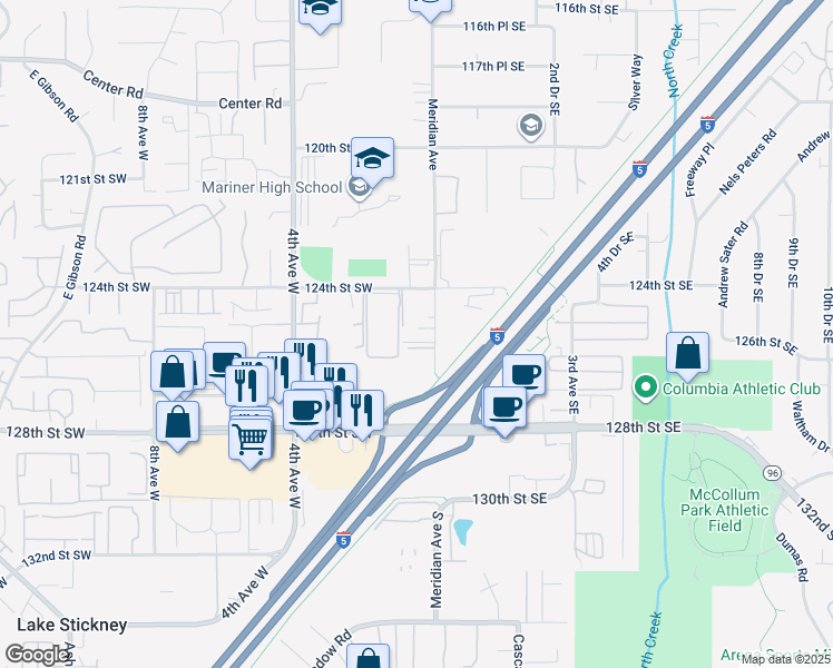 map of restaurants, bars, coffee shops, grocery stores, and more near 12504 Meridian Avenue in Everett
