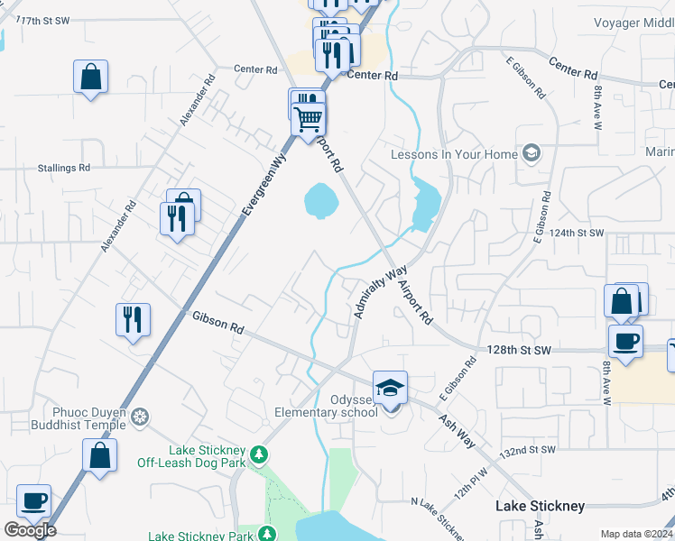 map of restaurants, bars, coffee shops, grocery stores, and more near 12530 Admiralty Way in Everett