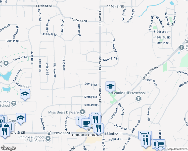 map of restaurants, bars, coffee shops, grocery stores, and more near 5010 124th Place Southeast in Everett