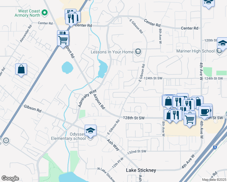 map of restaurants, bars, coffee shops, grocery stores, and more near 1309 125th Place Southwest in Everett