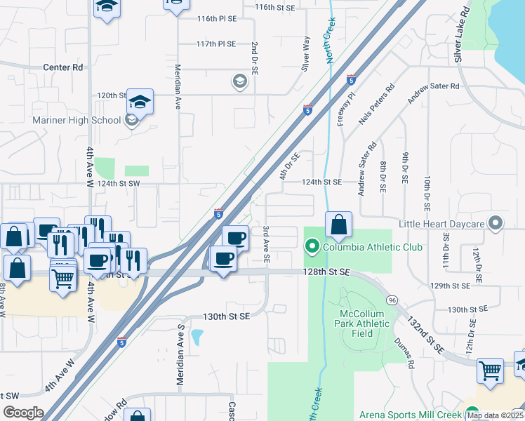 map of restaurants, bars, coffee shops, grocery stores, and more near 212 125th Place Southeast in Everett