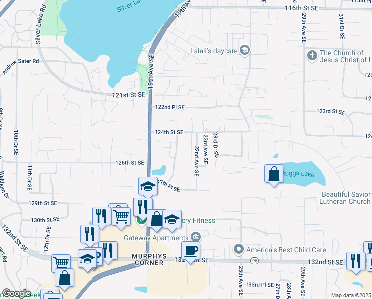 map of restaurants, bars, coffee shops, grocery stores, and more near 2122 124th Street Southeast in Everett