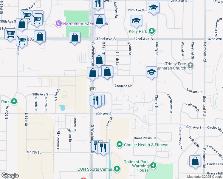 map of restaurants, bars, coffee shops, grocery stores, and more near 1173 Landeco Lane in Grand Forks