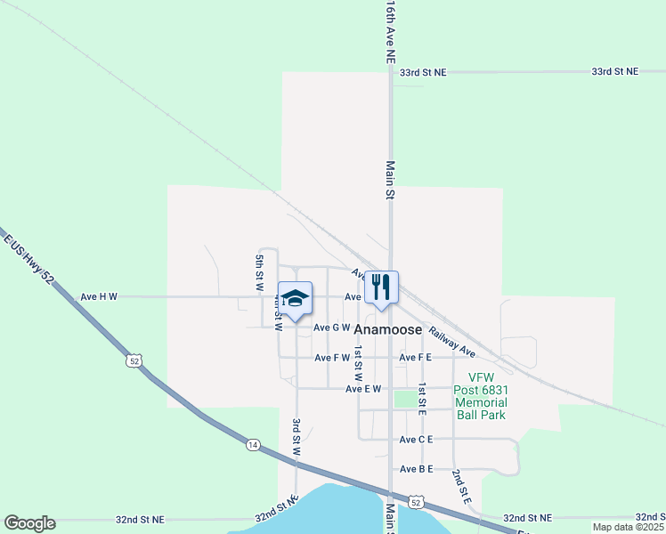 map of restaurants, bars, coffee shops, grocery stores, and more near Avenue I West in Anamoose
