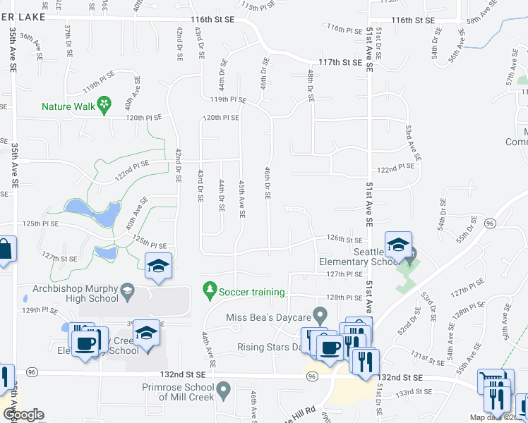 map of restaurants, bars, coffee shops, grocery stores, and more near 12420 46th Drive Southeast in Everett