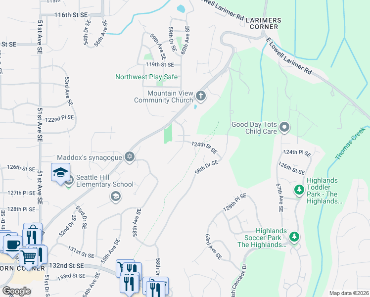 map of restaurants, bars, coffee shops, grocery stores, and more near 12409 58th Avenue Southeast in Snohomish