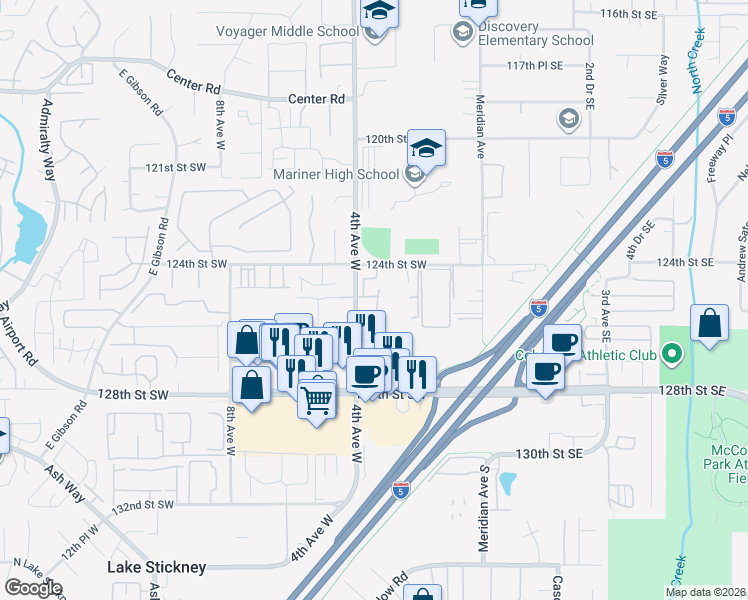 map of restaurants, bars, coffee shops, grocery stores, and more near 12403 4th Avenue West in Everett