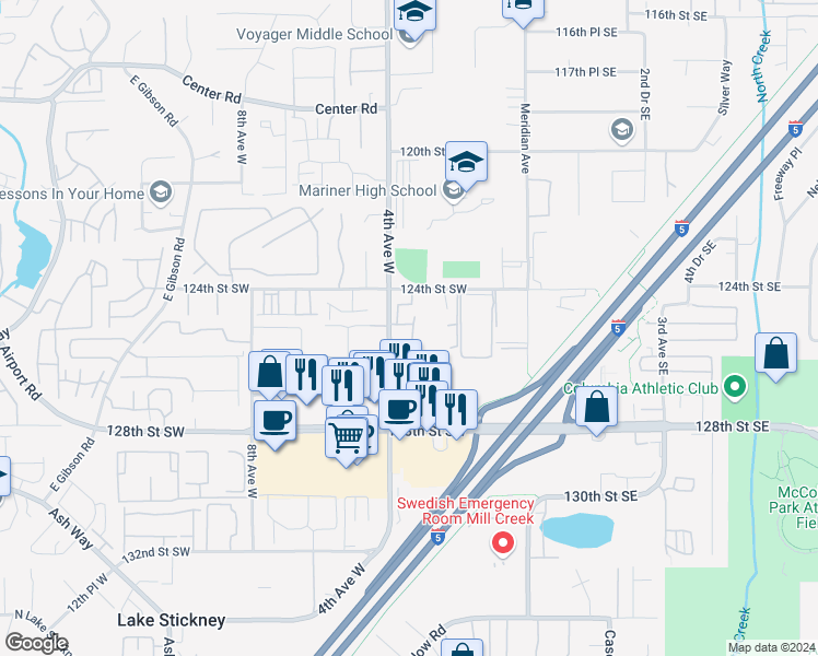map of restaurants, bars, coffee shops, grocery stores, and more near 12431 4th Avenue West in Everett