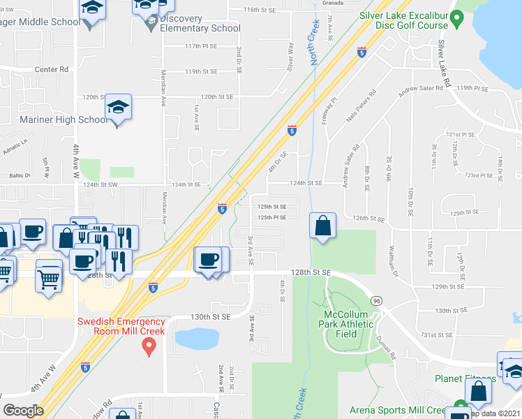 map of restaurants, bars, coffee shops, grocery stores, and more near 316 125th Street Southeast in Everett