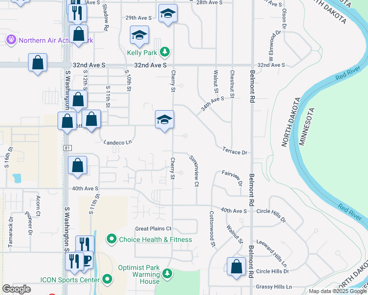 map of restaurants, bars, coffee shops, grocery stores, and more near 3707 Simonview Ct in Grand Forks