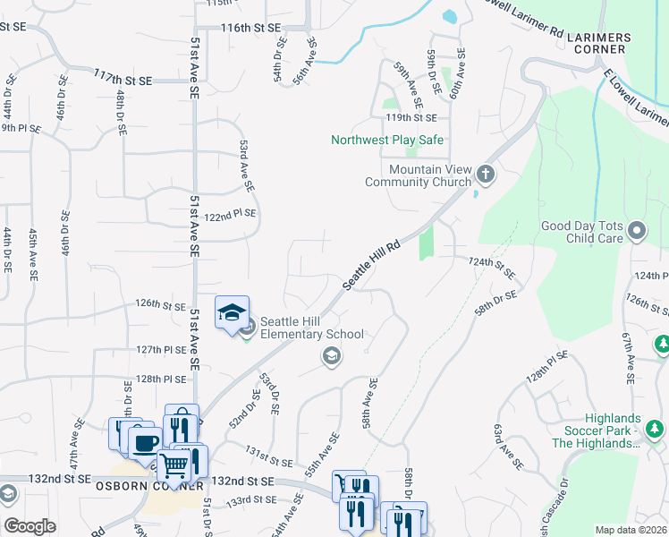 map of restaurants, bars, coffee shops, grocery stores, and more near 5533 125th Street Southeast in Snohomish