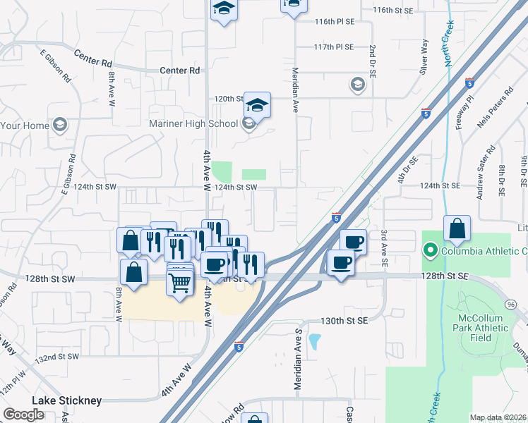 map of restaurants, bars, coffee shops, grocery stores, and more near 120 124th Street Southwest in Everett