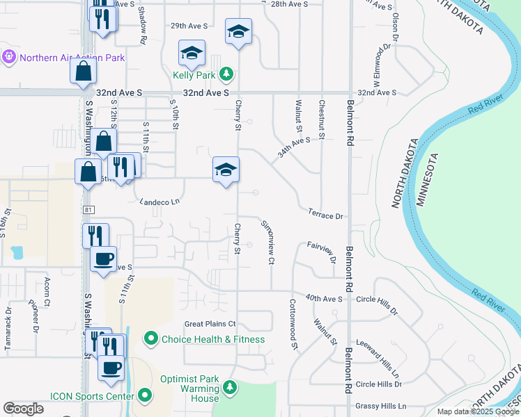 map of restaurants, bars, coffee shops, grocery stores, and more near 3707 Simonview Court in Grand Forks