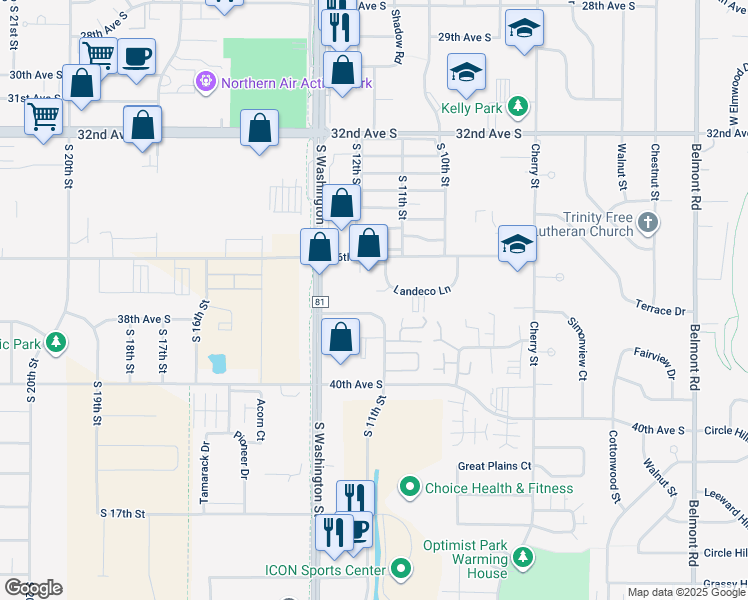 map of restaurants, bars, coffee shops, grocery stores, and more near 1173 Landeco Lane in Grand Forks