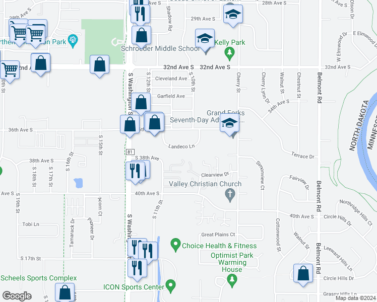 map of restaurants, bars, coffee shops, grocery stores, and more near 1073 Landeco Lane in Grand Forks