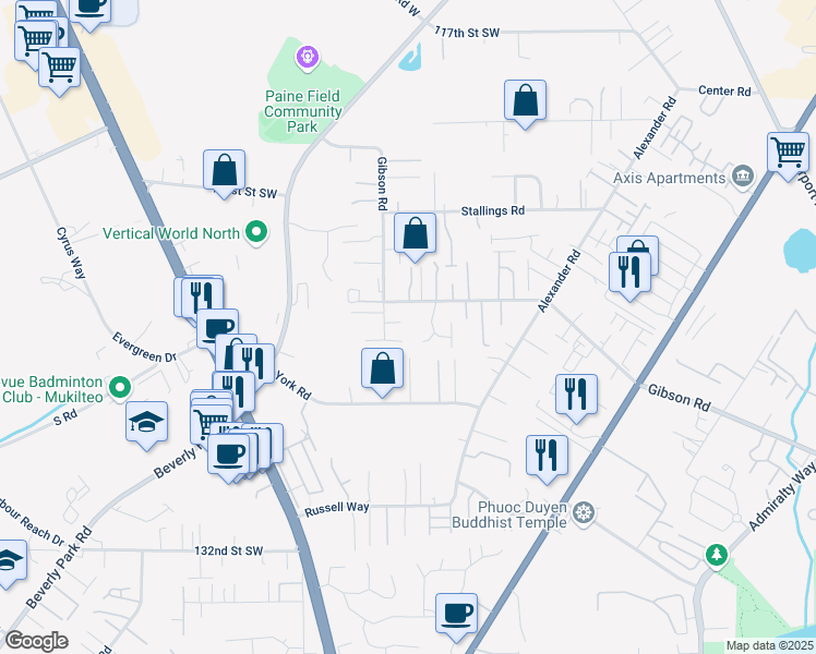 map of restaurants, bars, coffee shops, grocery stores, and more near 2919 126th Street Southwest in Everett