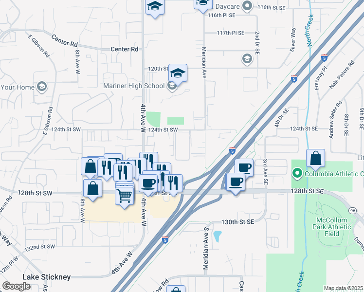 map of restaurants, bars, coffee shops, grocery stores, and more near 120 124th Street Southwest in Everett