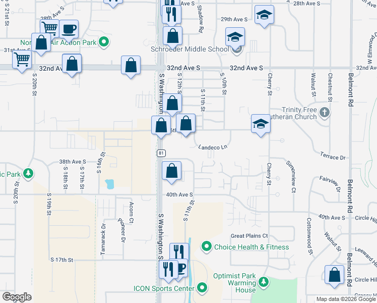 map of restaurants, bars, coffee shops, grocery stores, and more near 1173 Landeco Lane in Grand Forks