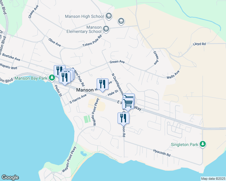 map of restaurants, bars, coffee shops, grocery stores, and more near 107 Hale Street in Manson
