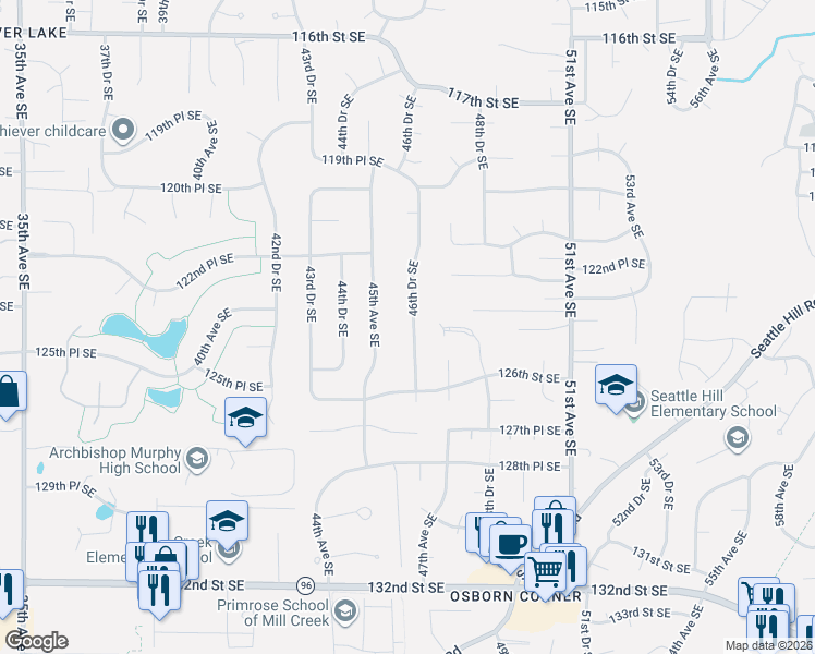 map of restaurants, bars, coffee shops, grocery stores, and more near 12420 46th Drive Southeast in Everett