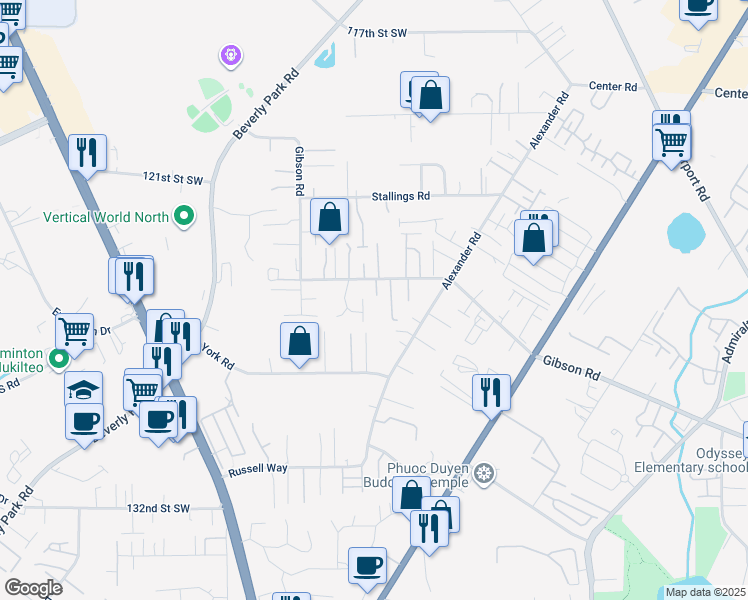 map of restaurants, bars, coffee shops, grocery stores, and more near 2726 Gibson Road in Everett