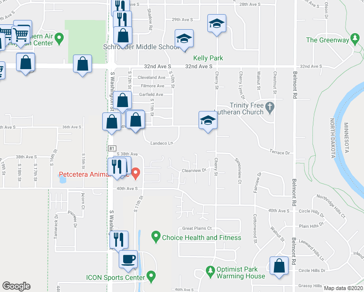 map of restaurants, bars, coffee shops, grocery stores, and more near 1073 Landeco Lane in Grand Forks