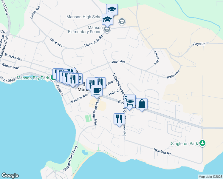 map of restaurants, bars, coffee shops, grocery stores, and more near 107 Hale Street in Manson