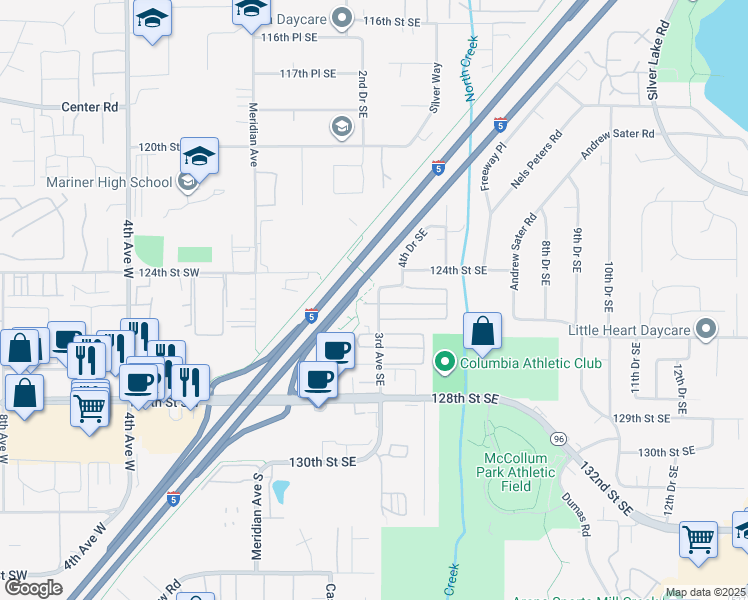 map of restaurants, bars, coffee shops, grocery stores, and more near 212 125th Place Southeast in Everett