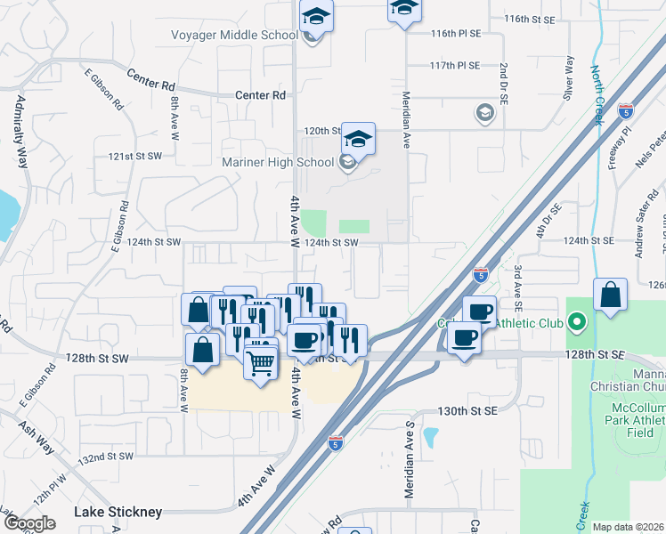 map of restaurants, bars, coffee shops, grocery stores, and more near 206 124th Street Southeast in Everett