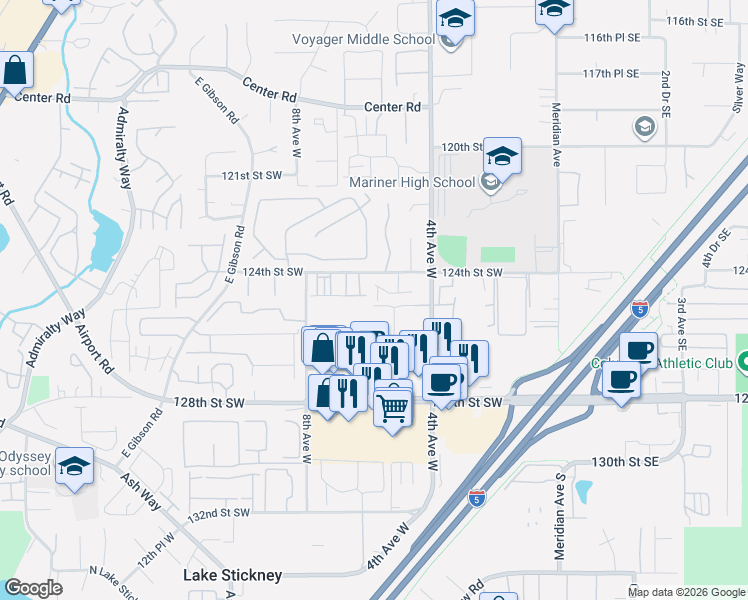 map of restaurants, bars, coffee shops, grocery stores, and more near 12600 4th Avenue West in Everett